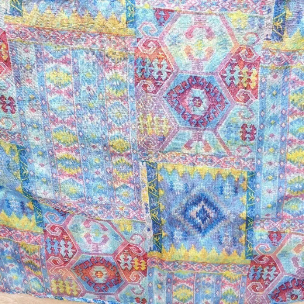 Colorful Boho Eternity Scarf Blue Pink Yellow Semi Sheer Wrap